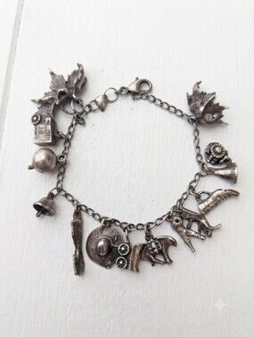 Vintage Sterling Silver 925 Western Theme Charm Bracelet - Cowboy, Boot, Horse